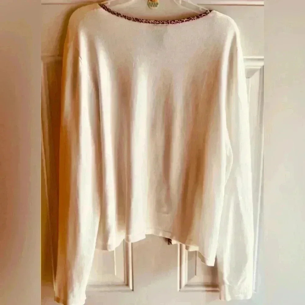 👗🆕 Rue+ White Front Tie Sweater Leopard Trim Elbow Length Sleeve Size 3X - Picture 3 of 4